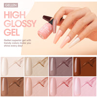 Gellen Gel Nail Polish Kit, 8 Nudes Pink Brown Colors Gel Polish Set With 36W UV Light Nail Dryer, 504Pcs Coffin Fake Nails Tips Glue Gel Nail Prep Kit, Gel Top and Base Coat, Manicure Tools