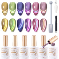 Gellen Cat Eye Gel Nail Polish Kit with Magnet, 6×10ml Dual Colour Natural Glitter Gel Polish Set, Soak off Nail Gel At Home Salon Use