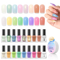 Nailshion Quick Air Dry Nail Polish Set, 16 Colors 10ML Jelly Glitter Shimmer Holographic Nail Polish with Clear Base Top Coat and 35Pcs Remover Pads Summer Regular Nail Lacquer Gift for Women Girls