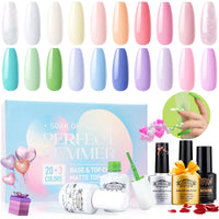 Perfect Summer Gel Nail Polish Kit, 20 Colors Gel Polish Macaron Fresh UV Nail Polish Gel Set with Glossy Base Top Coat Matte Coat, Manicure DIY Salon Nail Art Gift for Women Girls