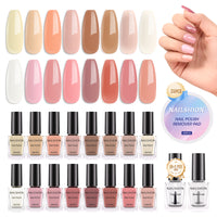 Nailshion Quick Air Dry Nail Polish Set, 16 Colors 10ML Nude Pink Peachy Nail Polish with Clear Base Top Coat and 35Pcs Remover Pads All Season Regular Nail Lacquer Gift for Women Girls