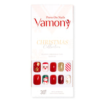Vamony Short Square Press on Nails, Fake Nail Tips Kit with Adhesive Tabs, Mani Sticks and Files, 30 Count Xmas03 French False Nails Set Gift for Girls Women