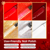 Gellen Quick Dry Nail Polish, 6Colors Christmas Red Gold Glitter Collection Regular Nail Polish Set No UV Light Needed for Finger Toe & Fake Nails Home Salon DIY Nail Art