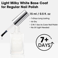 Gellen Milky White Base Coat for Regular Nail Polish with Organic Calcium, Quick Air Dry Long Lasting No Wipe Glossy Nail Base Coat for Manicure Salon, Chip Resistant, No UV Light Needed, 15ml
