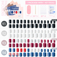 Vamony Press on Nails, 108 Pcs Short Square 4th of July Colors Finger False Nails, Press on Nails Kit with Adhesive Tabs, Mani Sticks and Files, Artificial Nails for Girls Women, 4 Packs Fake Nails