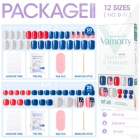 Vamony Press on Nails, 56 Pcs Short Square Toe Finger False Nails Set, Artificial Nails for Girls Women, US Flag Colors White Red Blue Fake Nails, Full Cover False Nails Gift
