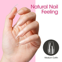 Gellen Medium Coffin Fake Nail Tips for Press on Nails, 504Pcs Soft Gel Tips for Nail Extensions Full Cover Pre-shaped 12 Sizes Clear False Nails for Nail Art