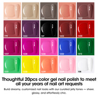 Gellen 24Pcs Gel Nail Polish Set, 20Colors All Seasons Gel Polish with Base Coat & Glossy Matte Cateye Top Coat, HEMA TMPTA TPO 3-Free Red Pink Green White UV Cured Soak off Nail Kit for Women