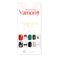 Vamony Short Square Press on Nails, Fake Nail Tips Kit with Adhesive Tabs, Mani Sticks and Files, 30 Count Xmas05 French False Nails Set Gift for Girls Women