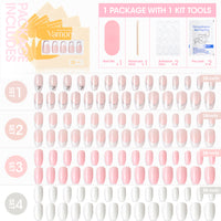 Vamony Short Coffin Press on Nails, 112 Pcs Fake Nail Tips Kit with Adhesive Tabs, Mani Sticks and Files, 4×28 Count White Pink French False Nails Gift for Girls Women