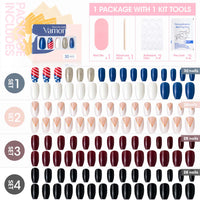 Vamony Short Coffin Press on Nails, 112 Pcs Fake Nail Tips Kit with Adhesive Tabs, Mani Sticks and Files, 4×28 Count Blue White French False Nails Gift for Girls Women
