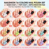 Nailshion Quick Air Dry Nail Polish Set, 16 Colors 10ML Macaron Nail Polish with Clear Base Top Coat and 35Pcs Remover Pads Spring Summer Regular Nail Lacquer Gift for Women Girls