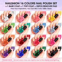 Nailshion Quick Air Dry Nail Polish Set, 16 Colors 10ML Rainbow Nail Polish with Clear Base Top Coat and 35Pcs Remover Pads Spring Summer Regular Nail Lacquer Gift for Women Girls