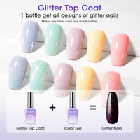 Gellen Glitter Gel Top Coat, 18ML No Wipe Glitter Gel Top Coat, Clear UV Top Coat Gel Nail Polish, Soak Off Nail Lamp Gel Base Top Coat Nail Art Home Manicure