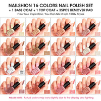 Nailshion Quick Air Dry Nail Polish Set, 16 Colors 10ML Nude Pink Peachy Nail Polish with Clear Base Top Coat and 35Pcs Remover Pads All Season Regular Nail Lacquer Gift for Women Girls