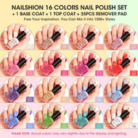 Nailshion Quick Air Dry Nail Polish Set, 16 Colors 10ML Nude Red Blue Green Nail Polish with Clear Base Top Coat and 35Pcs Remover Pads All Season Regular Nail Lacquer Gift for Women Girls