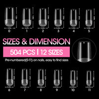 Gellen Medium Square Fake Nail Tips for Press on Nails, 504Pcs Soft Gel Tips for Nail Extensions Full Cover Pre-shaped 12 Sizes Clear False Nails for Nail Art