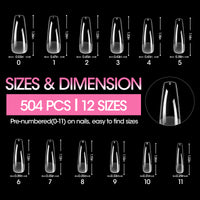 Gellen Long Coffin Fake Nail Tips for Press on Nails, 504Pcs Soft Gel Tips for Nail Extensions Full Cover Pre-shaped 12 Sizes Clear False Nails for Nail Art