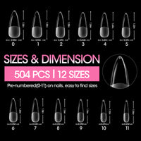 Gellen Long Stiletto Fake Nail Tips for Press on Nails, 504Pcs Soft Gel Tips for Nail Extensions Full Cover Pre-shaped 12 Sizes Clear False Nails for Nail Art