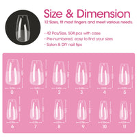 Gellen Medium Coffin Fake Nail Tips for Press on Nails, 504Pcs Soft Gel Tips for Nail Extensions Full Cover Pre-shaped 12 Sizes Clear False Nails for Nail Art
