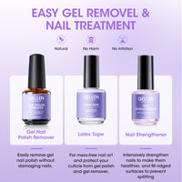 Gellen Gel Polish Remover Kit, 3-5 minutes Quick Removal, with Liquid Latex Tape Easy Peel Off & Nail Strengthener & Manicure Tools, No Need Wrapping or Soaking