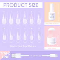 Perfect Summer Nail Tips and Glue Gel Kit, 504Pcs Stiletto False Nail Tips, 3 in 1 Nail Glue Gel, Portable UV Nail Lamp, Gel Nail Extension Kit, Acrylic Nail Kit
