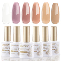 Gellen Nude Jelly Gel Nail Polish Set, 6 Colors White Nude Semi Sheer Gel Polish, No Wipe Soak Off UV Gel for DIY Nail Art Salon French Manicure, 10ml/0.33oz