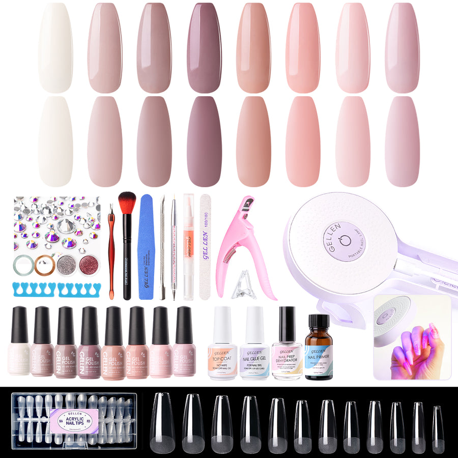 Gellen Gel Nail Polish Kit, 8 Nudes Pink Grey Colors Gel Polish Set With 36W UV Light Nail Dryer, 504Pcs Coffin Fake Nails Tips Glue Gel Nail Prep Kit, Gel Top and Base Coat, Manicure Tools