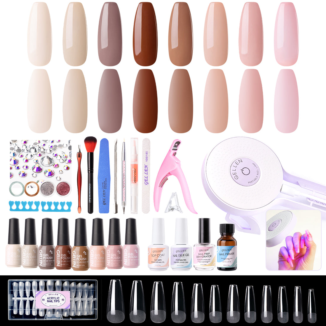 Gellen Gel Nail Polish Kit, 8 Nudes Pink Brown Colors Gel Polish Set With 36W UV Light Nail Dryer, 504Pcs Coffin Fake Nails Tips Glue Gel Nail Prep Kit, Gel Top and Base Coat, Manicure Tools