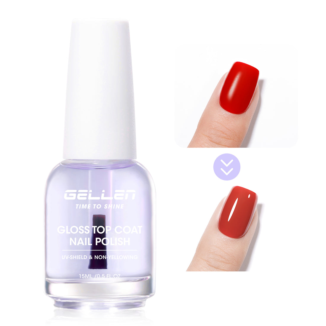 Gellen High Shine Clear Top Coat for Nails, Quick Dry Clear Purple Tint Top Coat Nail Polish, Long Lasting Chip Resistant Glossy Top Coat, UV Resistant Non UV Formula, HEMA Free