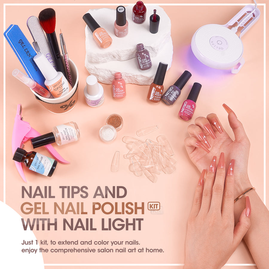 Gellen Gel Nail Polish Kit, 8 Nudes Pink Brown Colors Gel Polish Set With 36W UV Light Nail Dryer, 504Pcs Coffin Fake Nails Tips Glue Gel Nail Prep Kit, Gel Top and Base Coat, Manicure Tools