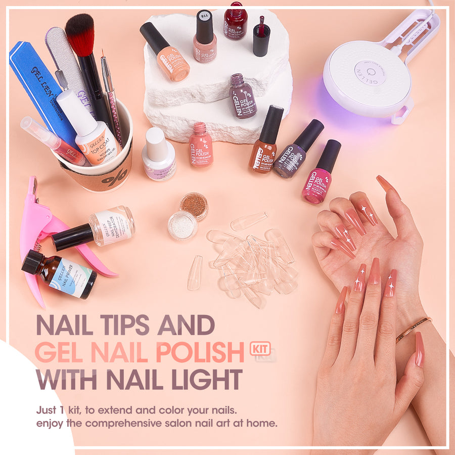 Gellen Gel Nail Polish Kit, 8 Nudes Pink Grey Colors Gel Polish Set With 36W UV Light Nail Dryer, 504Pcs Coffin Fake Nails Tips Glue Gel Nail Prep Kit, Gel Top and Base Coat, Manicure Tools