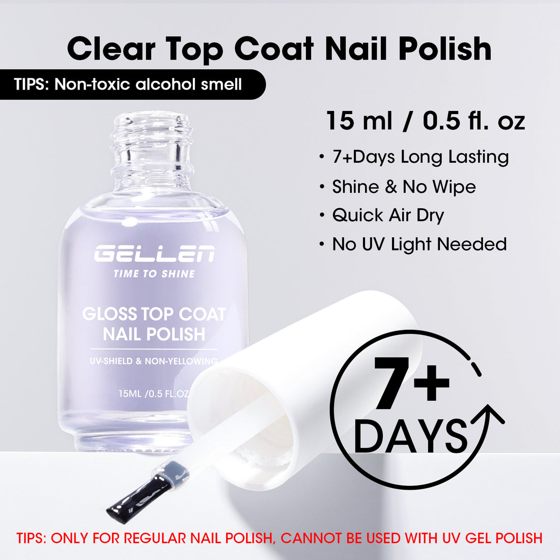 Gellen High Shine Clear Top Coat for Nails, Quick Dry Clear Purple Tint Top Coat Nail Polish, Long Lasting Chip Resistant Glossy Top Coat, UV Resistant Non UV Formula, HEMA Free