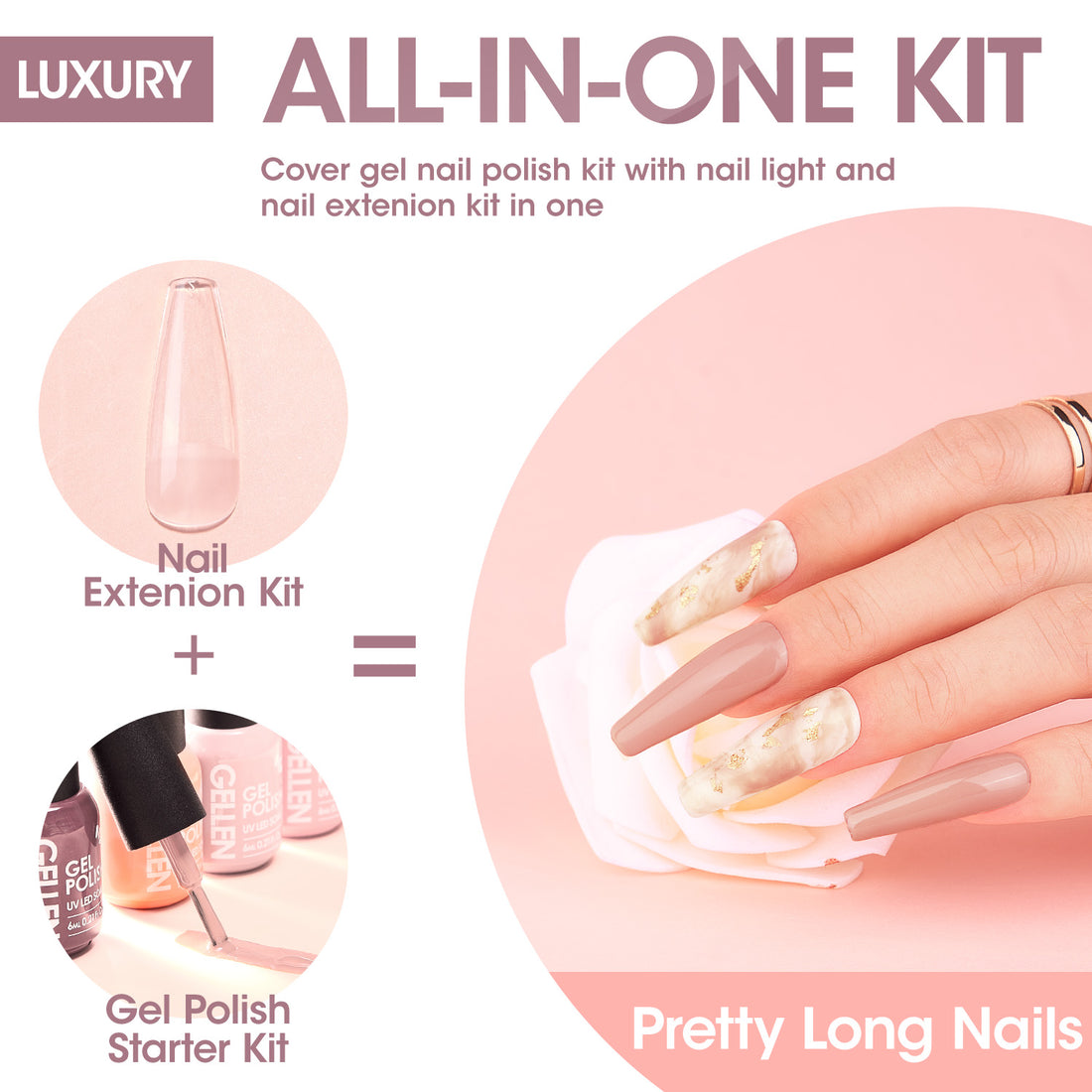 Gellen Gel Nail Polish Kit, 8 Nudes Pink Grey Colors Gel Polish Set With 36W UV Light Nail Dryer, 504Pcs Coffin Fake Nails Tips Glue Gel Nail Prep Kit, Gel Top and Base Coat, Manicure Tools