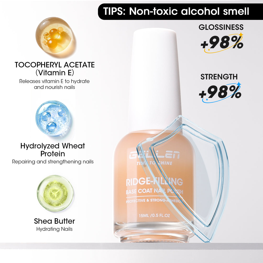 Gellen Clear Nude Tint Base Coat Nail Polish, Nail Ridge Filler & Nail Strengthener for Weak Nails, Sheer Nail Repair Polish with Shea Butter, Vitamin E & Protein, HEMA TPO Free
