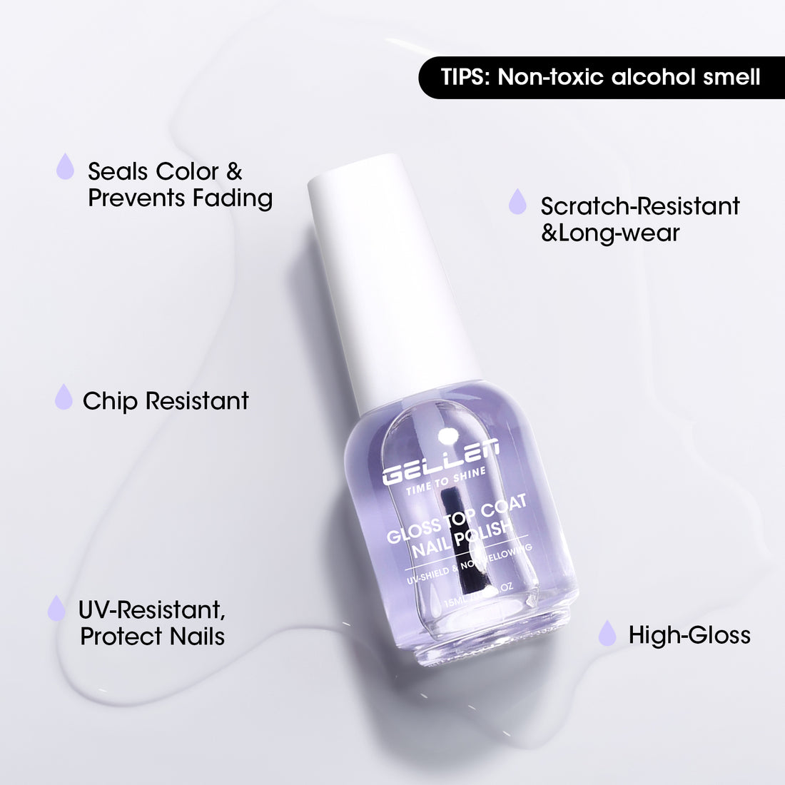 Gellen High Shine Clear Top Coat for Nails, Quick Dry Clear Purple Tint Top Coat Nail Polish, Long Lasting Chip Resistant Glossy Top Coat, UV Resistant Non UV Formula, HEMA Free