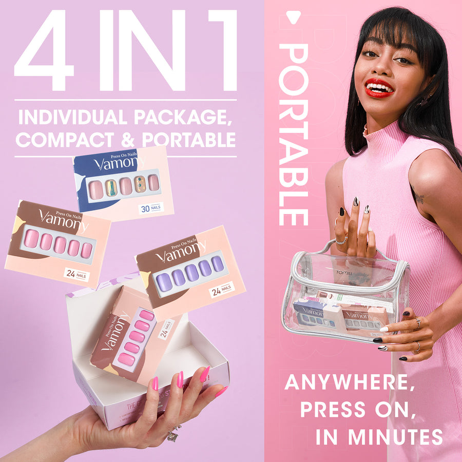 Vamony Short Coffin Press on Nails, 112 Pcs Fake Nail Tips Kit with Adhesive Tabs, Mani Sticks and Files, 4×28 Count Purple Pink French False Nails Gift for Girls Women