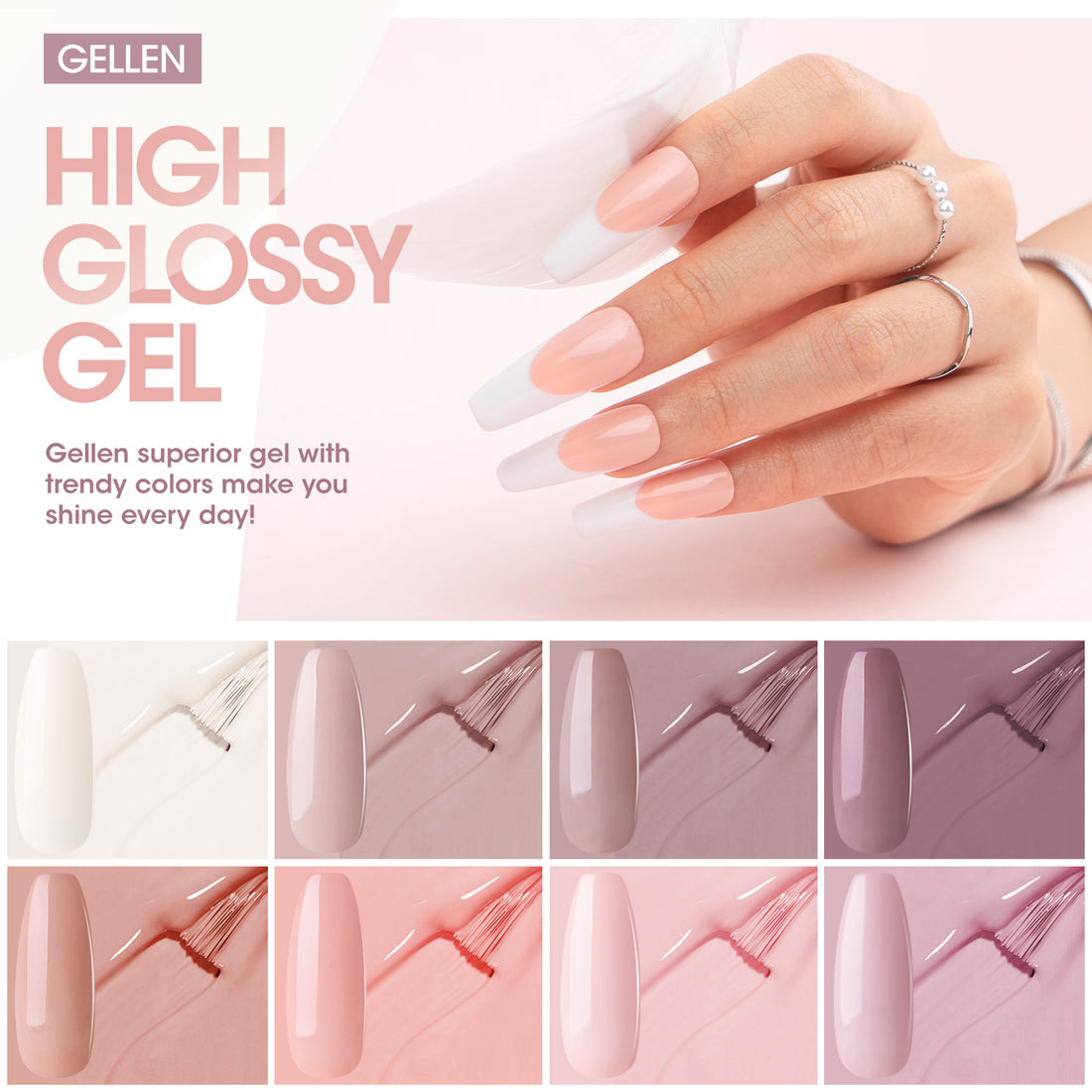 Gellen Gel Nail Polish Kit, 8 Nudes Pink Grey Colors Gel Polish Set With 36W UV Light Nail Dryer, 504Pcs Coffin Fake Nails Tips Glue Gel Nail Prep Kit, Gel Top and Base Coat, Manicure Tools