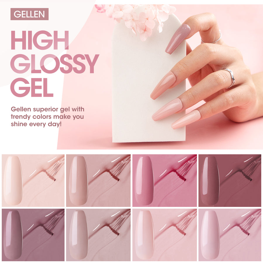 Gellen Gel Nail Polish Kit, 8 Nudes Pink Peach Colors Gel Polish Set With 36W UV Light Nail Dryer, 504Pcs Coffin Fake Nails Tips Glue Gel Nail Prep Kit, Gel Top and Base Coat, Manicure Tools