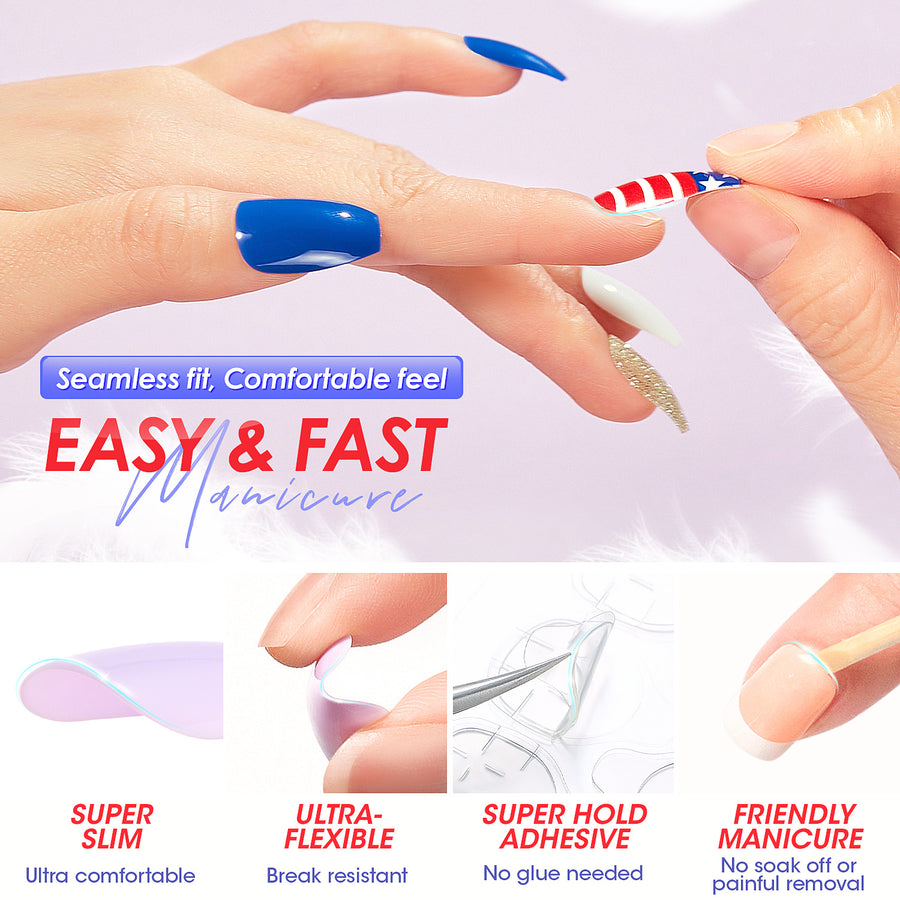 Vamony Short Coffin Press on Nails, 112 Pcs Fake Nail Tips Kit with Adhesive Tabs, Mani Sticks and Files, 4×28 Count Blue White French False Nails Gift for Girls Women