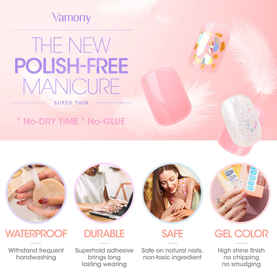 Vamony Short Coffin Press on Nails, 112 Pcs Fake Nail Tips Kit with Adhesive Tabs, Mani Sticks and Files, 4×28 Count Purple Pink French False Nails Gift for Girls Women
