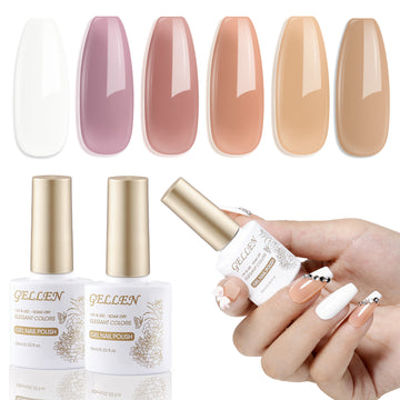 Gellen Nude Jelly Gel Nail Polish Set, 6 Colors White Nude Semi Sheer Gel Polish, No Wipe Soak Off UV Gel for DIY Nail Art Salon French Manicure, 10ml/0.33oz