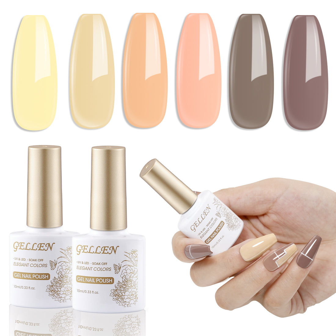 Gellen Cool Tone Gel Nail Polish Set, 6 Colors Brown Nude Pink Yellow Gel Polish, No Wipe Soak Off Glossy UV Gel for DIY Nail Art Salon Manicure, 10ml/0.33oz