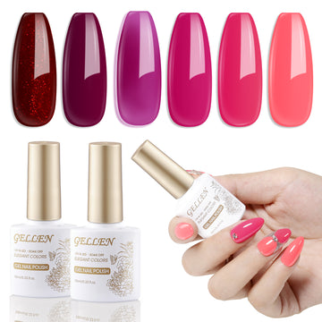 Gellen Purple Pink Gel Nail Polish Set, 6 Colors Neon Pink Red Purple Jelly Gel Polish, No Wipe Soak Off UV Gel for DIY Manicure Valentine's Day Spring Summer, 10ml/0.33oz