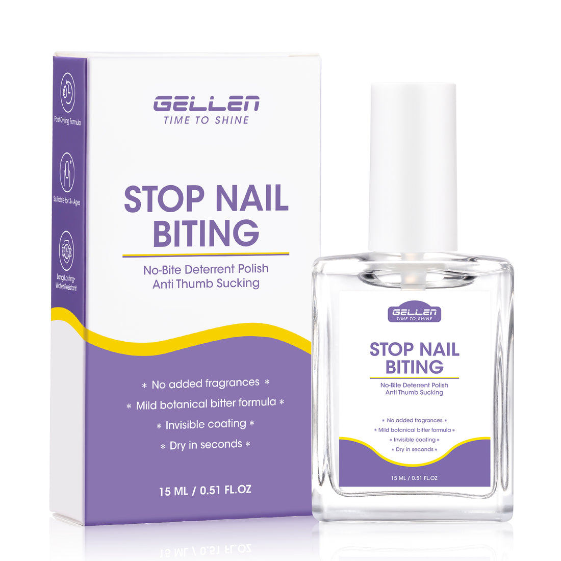 Gellen Nail Biting Treatment for Kids & Adults, Anti Nail Biting Polish with Bitter Taste, Thumb Sucking Deterrent & Nail Repair Treatment, Clear Nail Strengthener 15ML