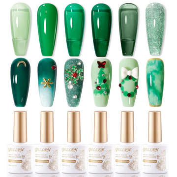 Gellen Emerald Green Gel Polish - 6 Colors Glassy Semi Sheer Jade Green Gel Polish Set Soak Off UV Cure DIY Nail Art Gifts for Christmas