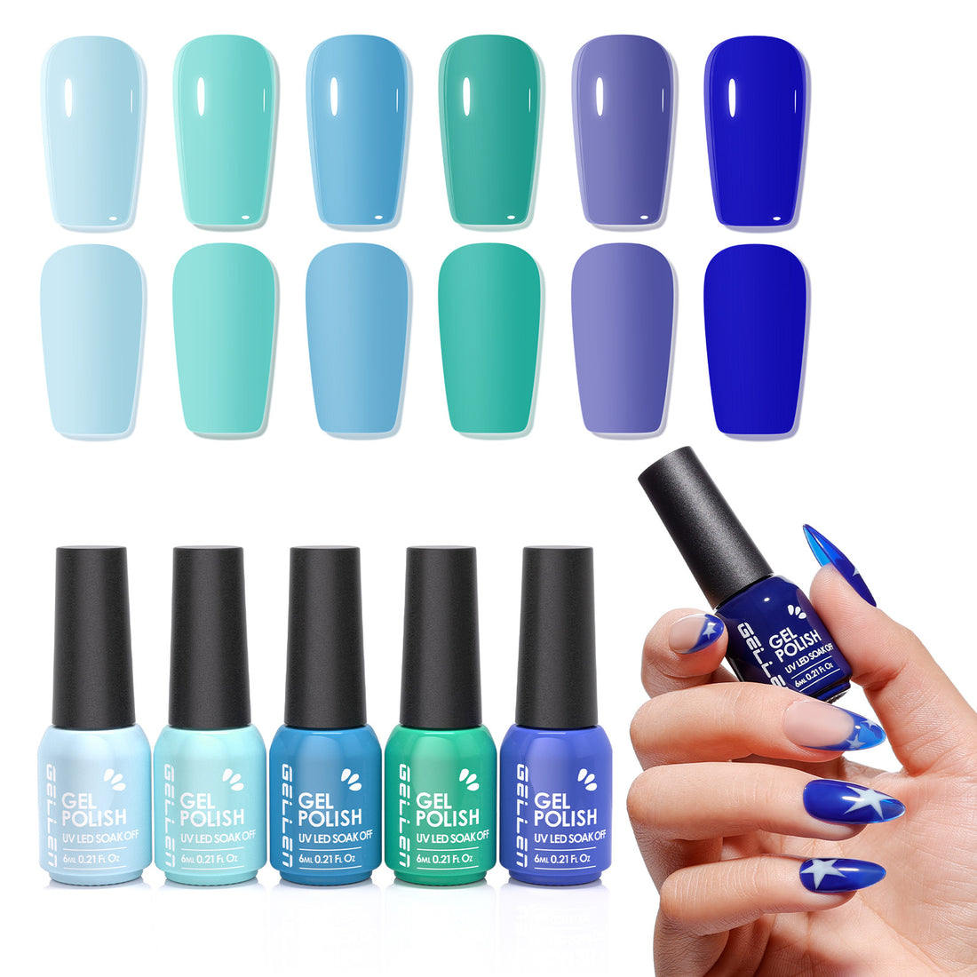 Gellen Gel Nail Polish Set of 6 Same Color Same Bottle Ocean Blue Mint Green Glossy Gel Polish, Soak off Gel Nail Kit for DIY Home Gel Manicure Set for Nail Art