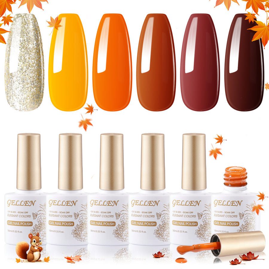 Gellen Brown Gel Nail Polish Set, 6 Colors Gold Chocolate Glitter Gel Polish, No Wipe Soak Off Glossy UV Gel for Women DIY Manicure Valentine's Day Halloween, 10ml/0.33oz