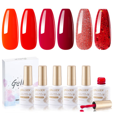 Gellen Red Gel Nail Polish Set, 6 Colors Winter Christmas Burgundy Red Bloody Red Glitter Gel Polish, No Wipe Soak Off Glossy UV Gel for DIY Nail Art Salon Manicure, 10ml/0.33oz