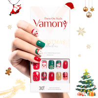 Vamony Short Square Press on Nails, Fake Nail Tips Kit with Adhesive Tabs, Mani Sticks and Files, 30 Count Xmas02 French False Nails Set Gift for Girls Women